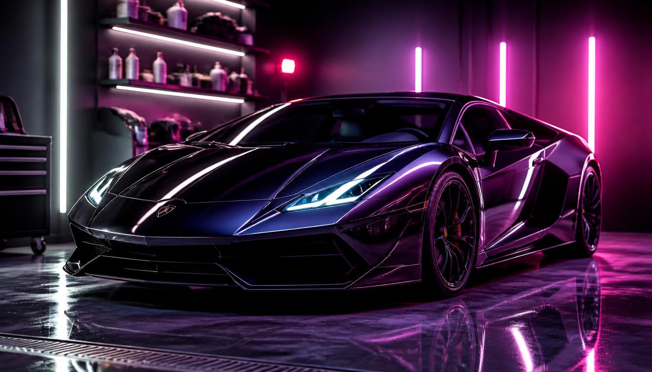 Luxury vehicle in a high-end auto detailing studio with pink and purple ambient lighting